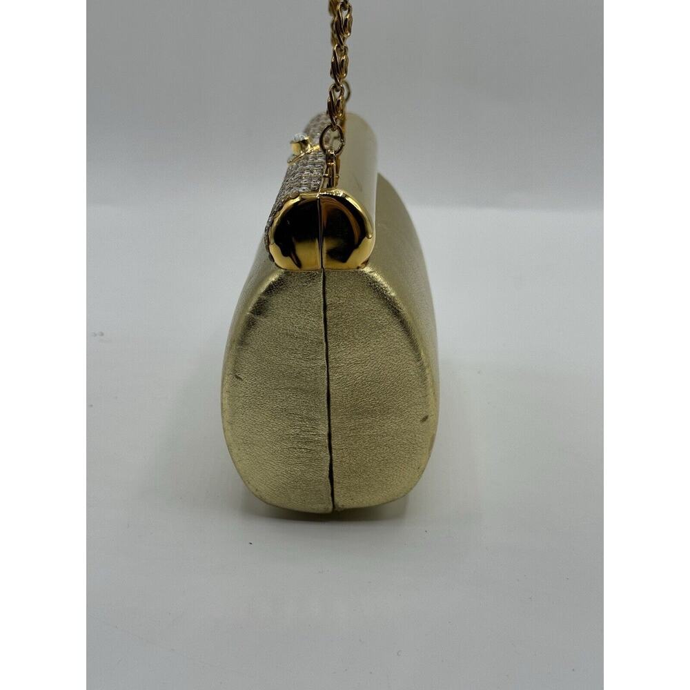 Evening Gold Leather Faux Leather Structured Rhinestone Shoulder Bag Chain Small - Picture 5 of 10